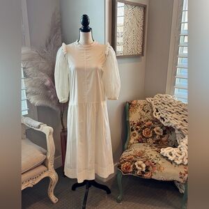 Sea New York White Midi Dress Sheer Puff Sleeve Size M